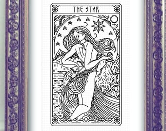 THE STAR Tarot Modern Cross Stitch Pattern Blackwork Embroidery Art Nouveau