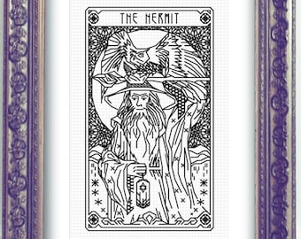 THE HERMIT Tarot Modern Cross Stitch Pattern Blackwork Embroidery Art Nouveau