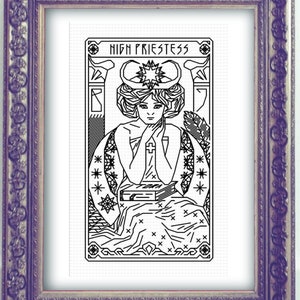 THE HIGH PRIESTESS Tarot Modern Cross Stitch Pattern Blackwork Embroidery Art Nouveau