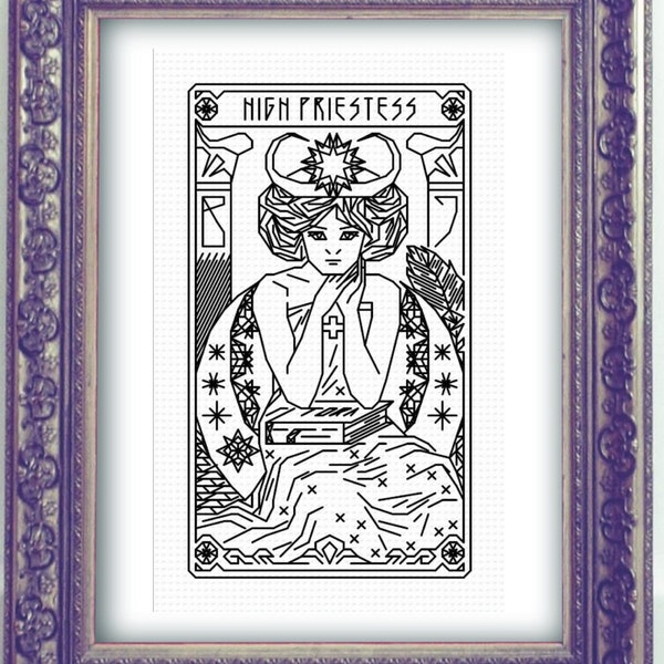 THE HIGH PRIESTESS Tarot Modern Cross Stitch Pattern Blackwork Embroidery Art Nouveau