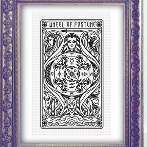 WHEEL OF FORTUNE Tarot Modern Cross Stitch Pattern Blackwork Embroidery Art Nouveau