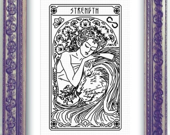 STRENGTH Tarot Modern Cross Stitch Pattern Blackwork Hand Embroidery Art Nouveau