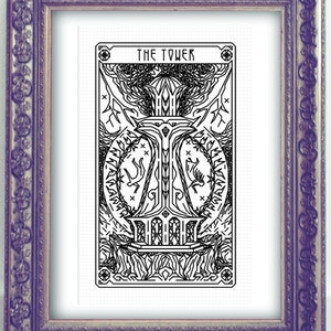 THE TOWER Tarot Modern Cross Stitch Pattern Blackwork Hand Embroidery Art Nouveau