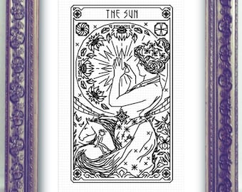 THE SUN Tarot Modern Cross Stitch Pattern Blackwork Embroidery Art Nouveau