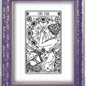 THE SUN Tarot Modern Cross Stitch Pattern Blackwork Embroidery Art Nouveau