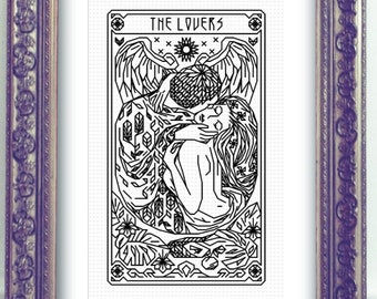 THE LOVERS Tarot Modern Cross Stitch Pattern Blackwork Hand Embroidery Art Nouveau