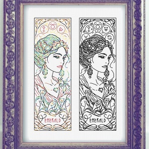 Op de afbeelding: Twee versies van een kruissteekpatroon met een vrouw met een bloemenkrans en het woord "EMERALD" onderaan. De linker versie is in kleur, terwijl de rechter versie in zwart-wit is.