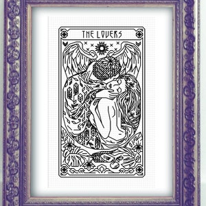 THE LOVERS Tarot Modern Cross Stitch Pattern Blackwork Hand Embroidery Art Nouveau