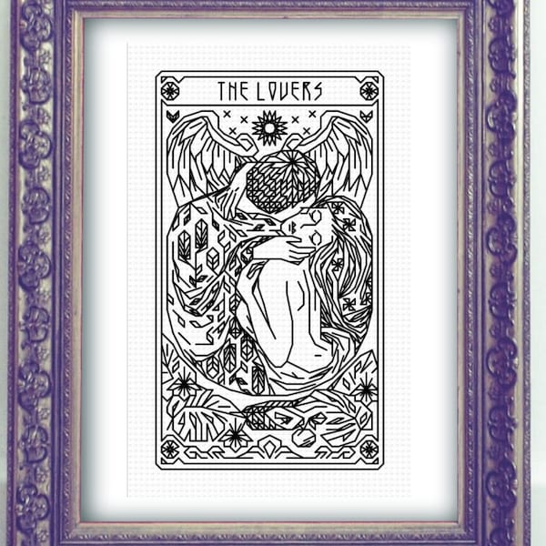 THE LOVERS Tarot Modern Cross Stitch Pattern Blackwork Hand Embroidery Art Nouveau