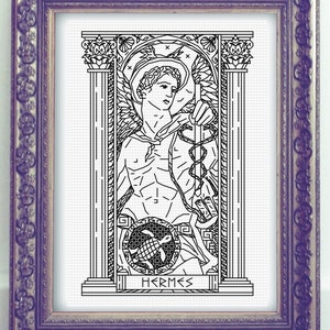 May include: Black and white line art illustration of Hermes, the Greek god of messengers, commerce, and thieves. He is depicted with winged sandals, a staff, and a turtle. The image is framed in a decorative border and includes the word "Hermes" at the bottom.