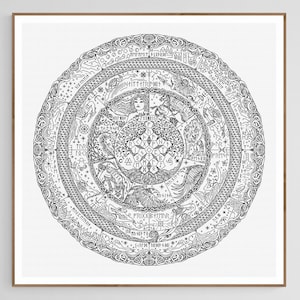 May include: Black and white illustration of a circular mandala with intricate details and patterns. The mandala is surrounded by a border of smaller circles and designs.