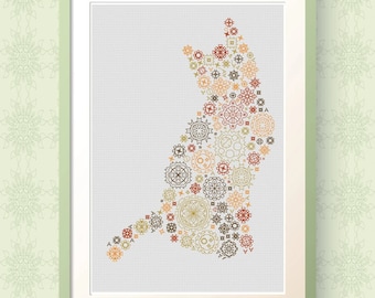 Steampunk Cat from Gears and Cogs - Modern Blackwork Cross Stitch Pattern - Steampunk Wall Art