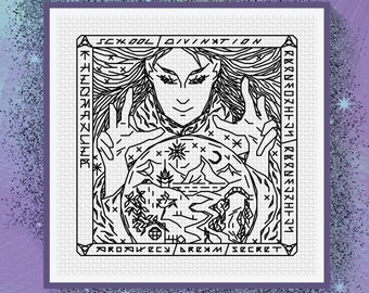 THEOMANCER Mage of Divination Modern Cross Stitch Pattern Blackwork Embroidery Fantasy Magic Schools Magicians Sampler Manga Art