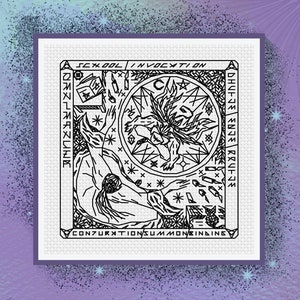 Puede incluir: Ilustración en blanco y negro de un ritual de invocación con el texto "School of Invocation, Conjurations, Summoning, and the Art of the Rune."