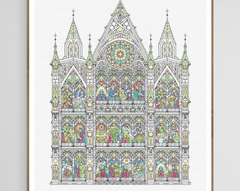 Advent Calendar - Gothic Cathedral with Stained Windows - Modern Hand Blackwork Embroidery Pattern, Backstitch as Cross Stitch, Chart PDF