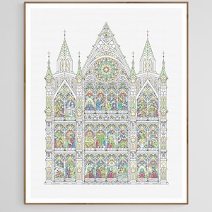 Advent Calendar - Gothic Cathedral with Stained Windows - Modern Hand Blackwork Embroidery Pattern, Backstitch as Cross Stitch, Chart PDF