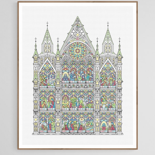 Advent Calendar - Gothic Cathedral with Stained Windows - Modern Hand Blackwork Embroidery Pattern, Backstitch as Cross Stitch, Chart PDF