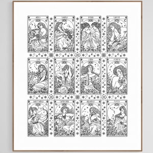 ZODIAC Ancient Tarot Major Arcana - 12 kaarten Sampler - Modern kruissteekpatroon Blackwork Handborduurwerk Art Nouveau