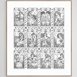 ZODIAC Ancient Tarot Major Arcana - 12 Cards Sampler - Modern Cross Stitch Pattern Blackwork Hand Embroidery Art Nouveau