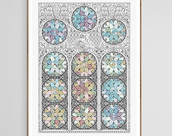 Temperature Stitch - Gothic Cathedral with Stained Windows - Modern Hand Blackwork Embroidery Pattern, Backstitch as Cross Stitch, Chart PDF