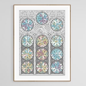 Temperaturstich - Gotische Kathedrale mit gefärbten Fenstern - Modernes Hand Blackwork Stickmuster, Rückstich als Kreuzstich, Stickvorlage PDF