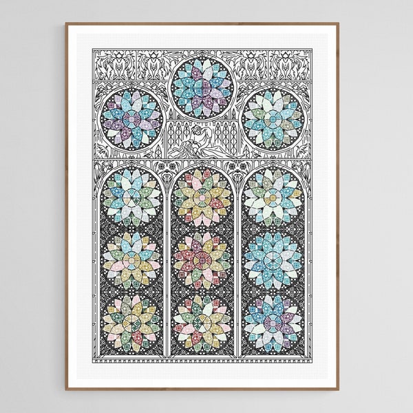 Temperature Stitch - Gothic Cathedral with Stained Windows - Modern Hand Blackwork Embroidery Pattern, Backstitch as Cross Stitch, Chart PDF