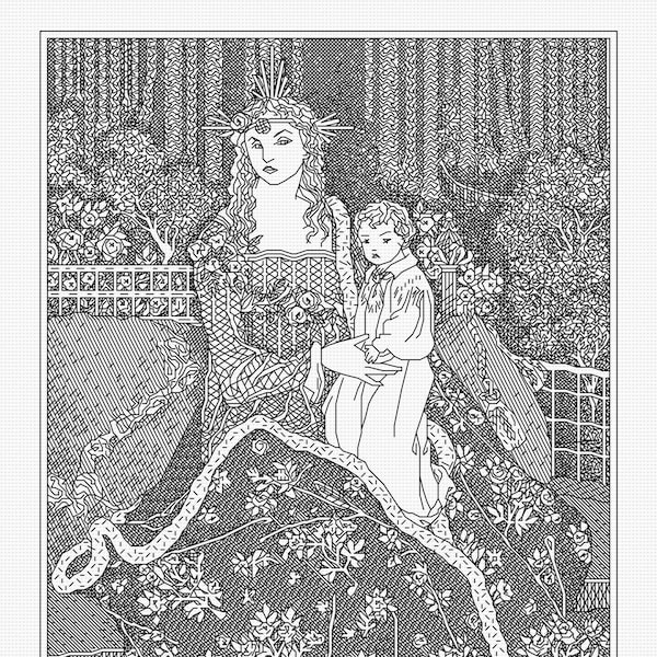 A large Christmas Card by Aubrey Beardsley - Blackwork PDF Pattern (Backstitch as in Cross Stitch) - Modern Hand Embroidery Pattern