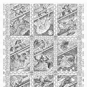 Op de afbeelding: Zwart-witte illustratie van negen verschillende dieren die elkaar aanvallen. De dieren omvatten een kat, een hond, een haan, een paard, een vleermuis, een konijn, een vogel en een hagedis. De tekst "PEOPLE'S HEARTS ARE LIKE WILD ANIMALS THEY ATTACH THEIR" staat aan de linkerkant van de afbeelding en de tekst "SELUeS TO THOSE WHO AND TRAIN THEM ALI IBN ARI TALIB" staat aan de rechterkant van de afbeelding.