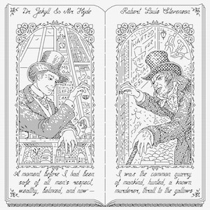 Może przedstawiać: Czarno-biała ilustracja otwartej książki z scenami z "Dr. Jekylla i pana Hyde'a". Lewa strona przedstawia mężczyznę w cylindrze, prawa mężczyznę z laską. Zawiera cytaty i nazwisko autora.