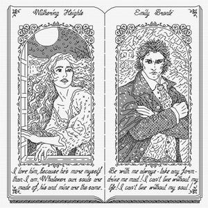 Op de afbeelding: Zwart-wit illustratie van een open boek met twee ingelijste portretten. De linkerkant leest "Wuthering Heights" en de rechterkant "Emily Brontë". Tekst uit de roman is eronder opgenomen.