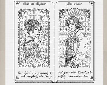 Pride and Prejudice - Modern Hand Blackwork Embroidery Pattern, Backstitch (as in Cross Stitch) - Perfect Bound Series