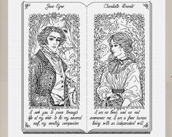 Könnte beinhalten: Schwarzweißillustration eines Buches, das auf zwei Seiten geöffnet ist. Die linke Seite zeigt ein Porträt eines Mannes mit dem Text "Jane Eyre" und einem Zitat. Die rechte Seite zeigt ein Porträt einer Frau mit dem Text "Charlotte Bronte" und einem Zitat.