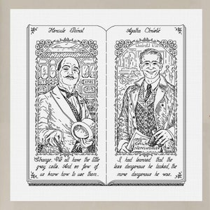 Op de afbeelding: Zwart-witte illustratie van twee beroemde auteurs, Agatha Christie en Hercule Poirot, met citaten van elk. De illustratie is in de stijl van een boekomslag.