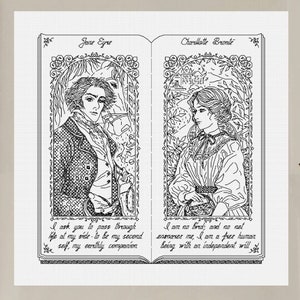 Op de afbeelding: Zwart-witte illustratie van een boek dat open ligt op twee pagina's. De linkerpagina toont een portret van een man met de tekst "Jane Eyre" en een citaat. De rechterpagina toont een portret van een vrouw met de tekst "Charlotte Bronte" en een citaat.