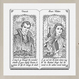 May include: Framed black and white artwork depicting Dracula and Bron Stoker, with text from the novel. Two white candles in brass holders are positioned to the right of the frame. The artwork is displayed on a white mantelpiece.