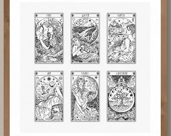 ELEMENTS OF NATURE Ancient Tarot Major Arcana - 6 Cards Sampler - Modern Hand Blackwork Embroidery Pattern, Backstitch (as in Cross Stitch)