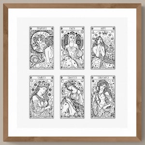 May include: A framed black and white print of a set of six tarot cards featuring illustrations of women in various poses. The cards are labeled with the zodiac signs: Aquarius, Aries, Gemini, Cancer, Capricorn, and Libra.