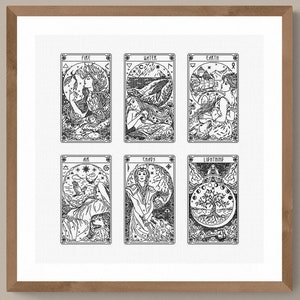 ELEMENTS OF NATURE Ancien tarot arcanes majeurs - échantillon de 6 cartes - motif de broderie noir à la main moderne, point arrière (comme au point de croix)