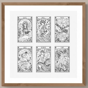 Antikes Tarot Major Arcana - 6 Karten - Modernes Hand Blackwork Stickmuster, Rückstich (wie im Kreuzstich)