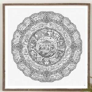 Op de afbeelding: Een zwart-wit mandala-illustratie met ingewikkelde details en Sanskriet-tekst. De mandala heeft een centrale cirkel met een bergketen en een godheid. De buitenste cirkel is versierd met verschillende symbolen en figuren.