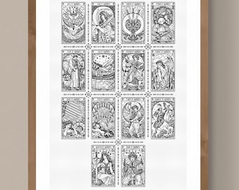 SUIT OF SWORDS Tarot Minor Arcana - 14 Cards Sampler - Modern Cross Stitch Pattern Blackwork Hand Embroidery Art Nouveau