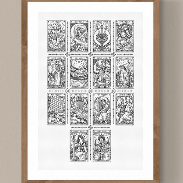 SUIT OF SWORDS Tarot Minor Arcana - 14 Cards Sampler - Modern Cross Stitch Pattern Blackwork Hand Embroidery Art Nouveau