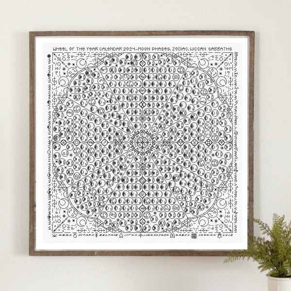 Wheel of the Year Astrological Calendar 2024 - Moon Phases, Zodiac, Wiccan Holidays - Modern Hand Blackwork Embroidery Pattern, Chart PDF