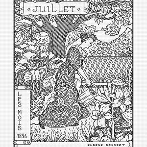 Op de afbeelding: Zwart-wit art nouveau illustratie met een vrouw die bloemen water geeft in een tuin. De afbeelding bevat de tekst "JUILLET", "LES MOTS", "1896" en "EUGENE GRASSET". Het kunstwerk is gedetailleerd met bloemen en bladeren.