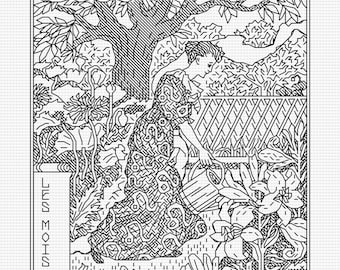 July - Les Mois 1896 by Eugene Grasset - Blackwork PDF Pattern (Backstitch as in Cross Stitch) - Modern Hand Embroidery Pattern