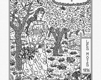 April - Les Mois 1896 by Eugene Grasset - Blackwork PDF Pattern (Backstitch as in Cross Stitch) - Modern Hand Embroidery Pattern