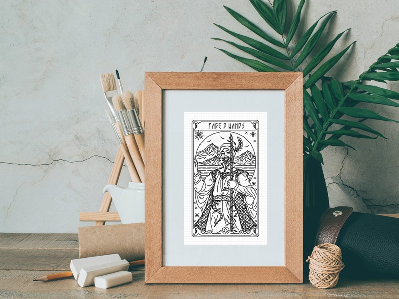 PAGE OF WANDS Tarot Modern Cross Stitch Pattern Blackwork Embroidery 