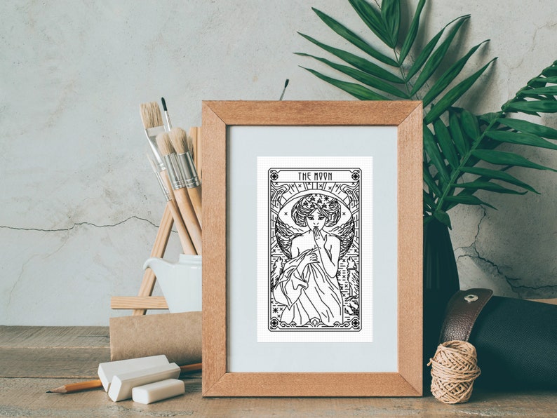 THE MOON Tarot Modern Cross Stitch Pattern Blackwork Embroidery Art Nouveau image 4