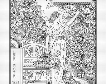 June - Les Mois 1896 by Eugene Grasset - Blackwork PDF Pattern (Backstitch as in Cross Stitch) - Modern Hand Embroidery Pattern
