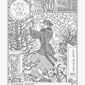 May include: A black and white line drawing of a woman climbing a ladder to reach a tree branch. The drawing is framed with a border and includes the text "FE-VRS-ER" and "LES MOIS 1896".